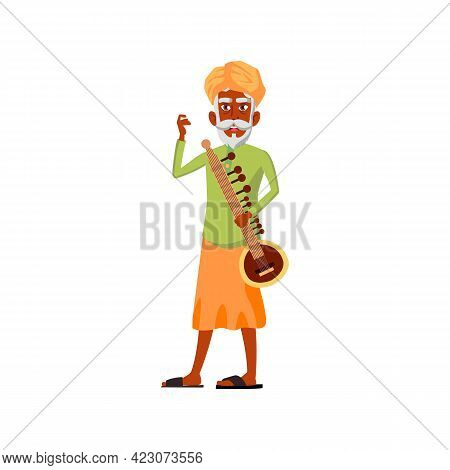 Aged Indian Man With Sitar On Concert Cartoon Vector. Aged Indian Man With Sitar On Concert Characte