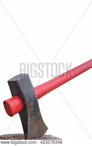 Axe With A Red Handle In A Chock. Axe Wedged Into Tree Stump, Isolated On White Background