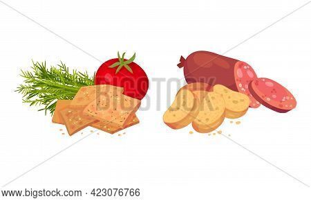 Flavored Crouton As Pieces Of Seasoned Rebaked Bread Vector Set