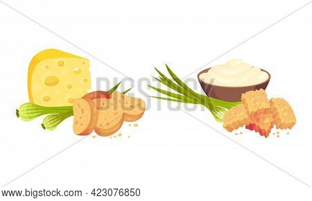Flavored Crouton As Pieces Of Seasoned Rebaked Bread Vector Set