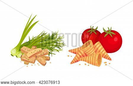 Flavored Crouton As Pieces Of Seasoned Rebaked Bread Vector Set