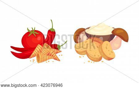 Flavored Crouton As Pieces Of Seasoned Rebaked Bread Vector Set