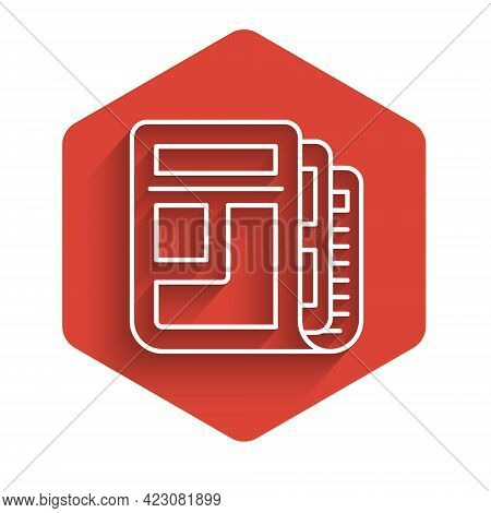 White Line Stock Market News Icon Isolated With Long Shadow. Newspaper Sign. Mass Media Symbol. Red 