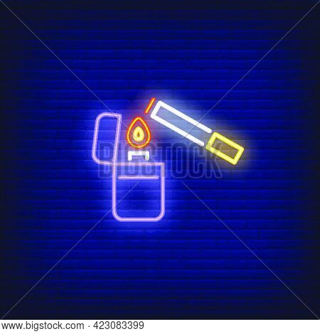 Lighter Lighting Up Cigarette Neon Sign. Smoking, Healthcare And Addiction Concept. Advertisement De