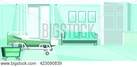 Hospital Room With Bed On Wheels Vector Illustration. Blue Private Room Un Clinic With Comfortable S