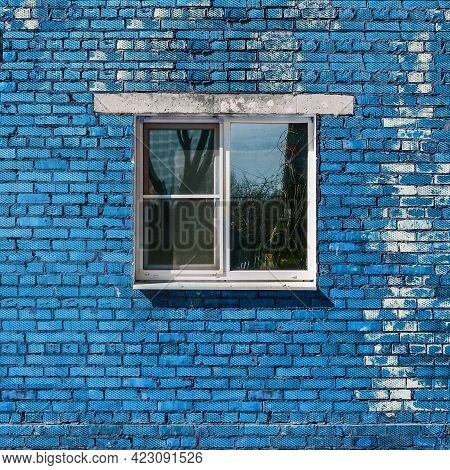 Blue Brick Wall And Window. Brick Building. Old Brickwork