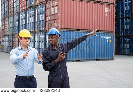 Selective Focus At African Black Worker While Talk And Having Discussion With Supervisor And Inspect