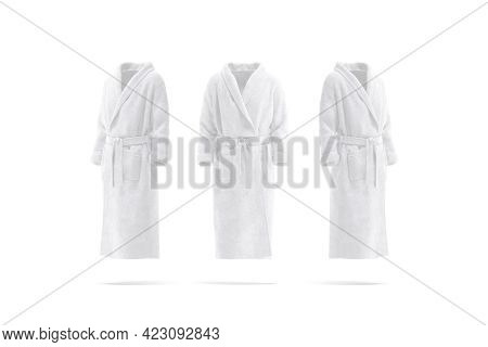 Blank White Hotel Bathrobe Mockup, Front And Side View, 3d Rendering. Empty Soft Backwrap For Bath M