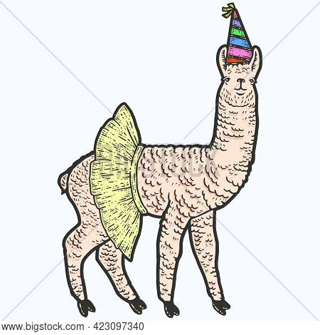 Animal Llama, In A Skirt And A Birthday Cap. Sketch Scratch Board Imitation Color.