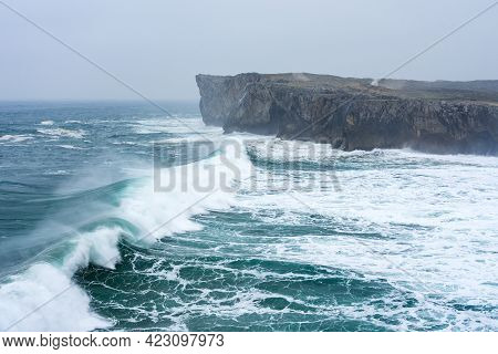 Landscape Of The Karst Limestone Sea Cliffs In Asturias In The Llanes Coast, North Of Spain, With Th