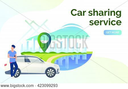 Car Sharing Service Lettering, Man, Car And Cityscape. Transport, Vehicle Concept. Presentation Slid