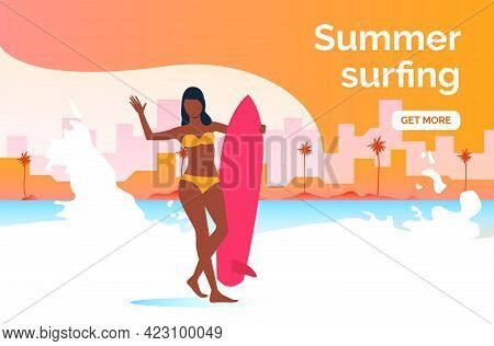 Summer Surfing Get More Presentation Slide Template. Dark Skinned Girl With Surfboard Standing On Be