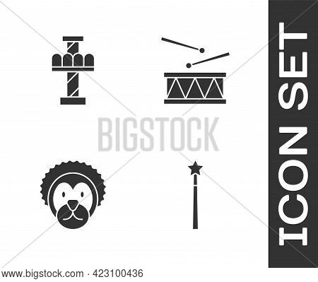 Set Magic Wand, Attraction Carousel, Wild Lion And Drum With Drum Sticks Icon. Vector