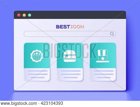Set Burger, Usa Independence Day And Patriotic American Top Hat Icon. Vector