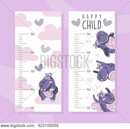 Kids Wall Meter With Pink Funny Hippo, Height Chart With African Animal Vector Illustration
