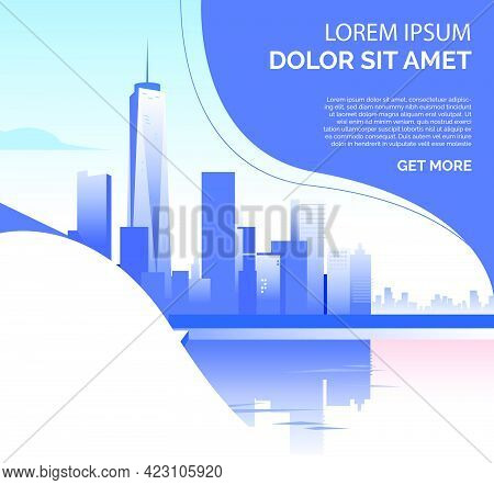 Downtown With Skyscrapers And Sample Text. Building, City, Downtown Concept. Presentation Slide Temp