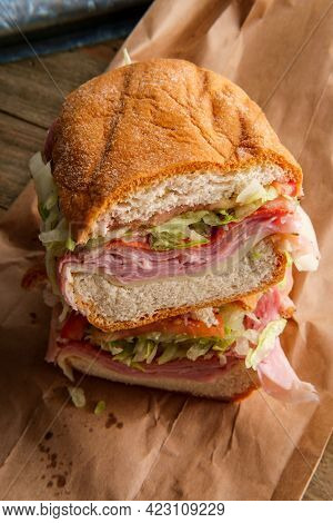 Italian Sub Sandwich With Provolone Cheese Ham Prosciuttini Cappacuolo Salami And Pepperoni