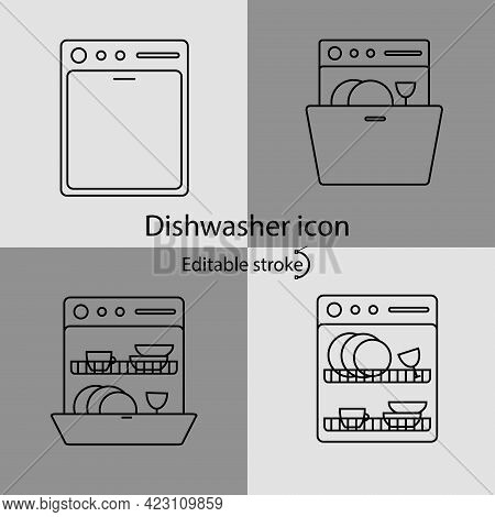 Dishwasher Linear Icons Set. Customizable Linear Contour Symbol. Editable Stroke. Isolated Vector St