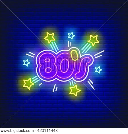 Bright Eighties Neon Lettering With Sparkles. Entertainment, Party, Disco Design. Night Bright Neon 