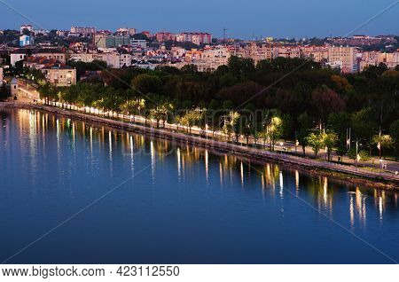 Ternopil, Ukraine-may, 11,2021:night Lights Landscape Of Ternopil. Motorway Between City Lake And Pa
