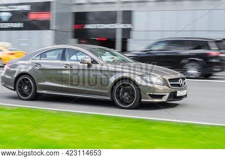 Moscow, Russia - June 2021: Gray Color Mercedes-benz Cls-class In Fast Motion On The Street