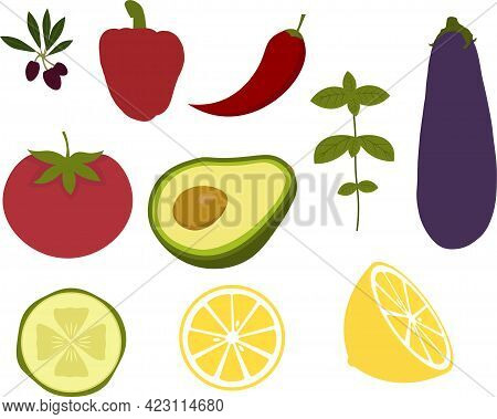 Fresh Vegetables Set For Salad In Green, Red, Purple Anf Yellow.