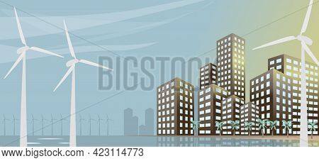 Eco Urban City Landscape With Windmills, Buildings And Palm Trees.