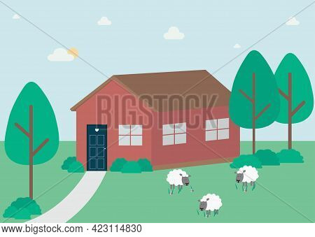 Rural Landscape With A House, Trees And Sheep In The Countryside. Vector Flat Style Concept Illustra
