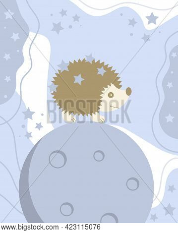 A Cute Hedgehog Is Walking On The Moon And Carrying Stars.