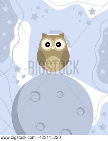 A Cute Owl Is On The Moon With A Bed Cap.