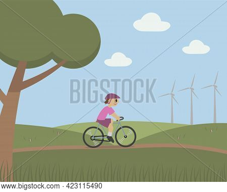 World Bicycle Day Concept Vector Illustration With Windmills Landscape.