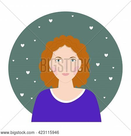 Portrait Of A Middle Age Young Woman With Red Curly Hair. Profile Photo.