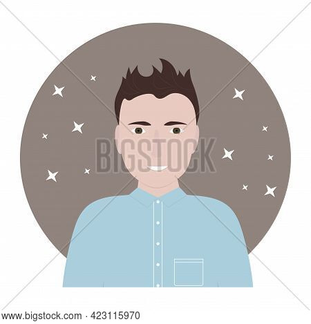 Portrait Of A Middle Age Young Man With Brown Hair. Profile Photo. Flat Vector Illustration.
