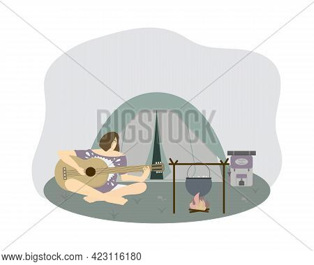 Summer Hiking Concept Vector Illustration With A Tent, A Campfire, A Young Girl Playing The Guitar A