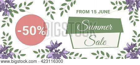 Summer Sale Banner With Purple Flowers And Green Leaves. Floral Design. Perfect For Banners, Flyers,