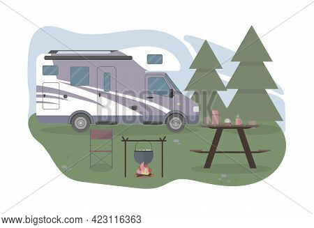 Caravan Or Camper In The Forest. Local Summer Vacation. Concept Vector Illustration In Flat Style In