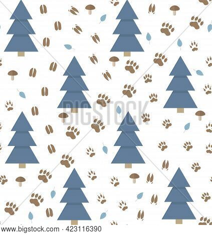 Seamless Vector Pattern With Animal Footprint Tracks And Fir Tree On A White Background. Perfect For