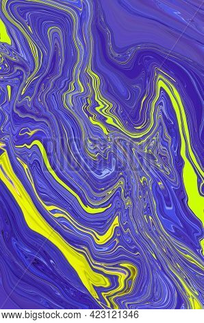 Abstract Bright Fluid Blue Background With Yellow Green Waves. Art Trippy Digital Backdrop. Curved S