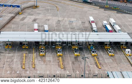 Dover, United Kingdom, September 20 2013: Trucks On Dover Docks Station At The Harbor Before The Cus