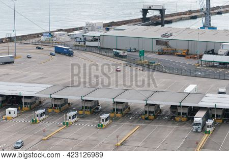 Dover, United Kingdom, September 20 2013: Trucks On Dover Docks Station At The Harbor Before The Cus