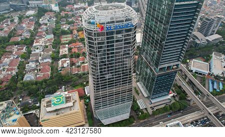 Aerial View Of Xl Axiata Tower Located At Kuningan Central Business District In Jakarta City. Jakart
