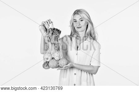 Preparing Healthy Food. Woman Hold String Shopping Bag With Fruits And Bread. Zero Waste Concept. Gi
