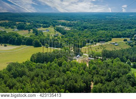Panoramia Aerial On Green Forest View At Summer Time With Good Weather By Mountains In Campobello To