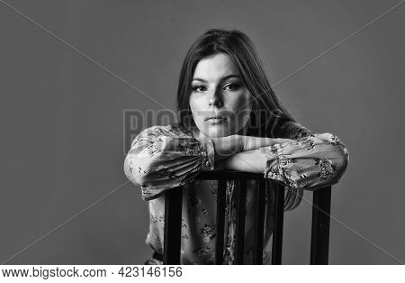 Portrait Of Woman With Beauty Face. Female Fashion Style. Girl Has Long Hair. Thinking Concept. Lost