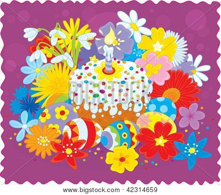 Easter cake, eggs and flowers