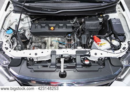 Novosibirsk, Russia - June 08, 2021: Honda Civic, Car Engine Close-up. Internal Combustion Engine, C