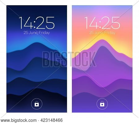 Smartphone Lock Screens, Mobile Phone Onboard Pages With Gradient Wallpaper, Date, Week Day And Time