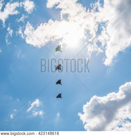 Moscow, Russia - May, 05, 2021: Four Sukhoi Su-57 Felon Flying Over Red Square During The Preparatio
