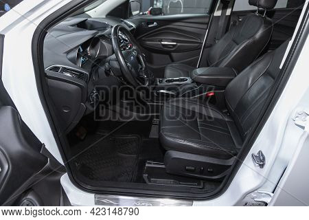 Novosibirsk, Russia - June 08, 2021: Ford Kuga, Car Interior With Dashboard, Steering Wheel, Speedom