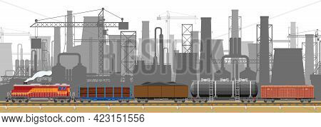 Industrial Landscape Of Cargo Rail Transportation With Plant And Fuming Pipes. Factory Building. Pip